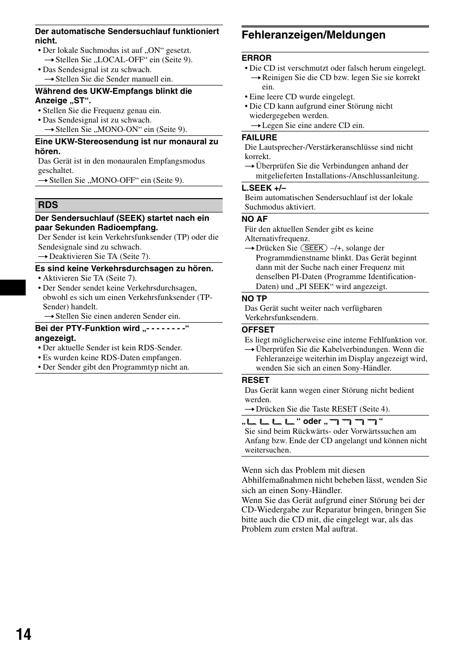 Fehleranzeigen/meldungen | Sony CDX-GT100 User Manual | Page 26 / 72