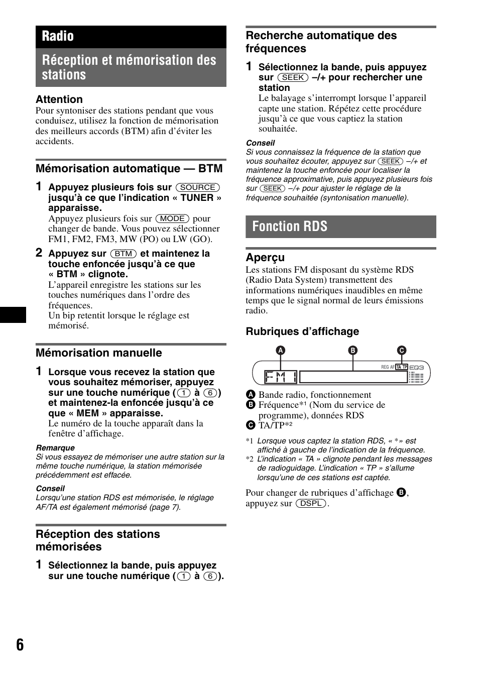 Radio, Réception et mémorisation des stations, Mémorisation automatique - btm | Mémorisation manuelle, Réception des stations mémorisées, Recherche automatique des fréquences, Fonction rds, Aperçu, Radio réception et mémorisation des stations | Sony CDX-GT100 User Manual | Page 32 / 72