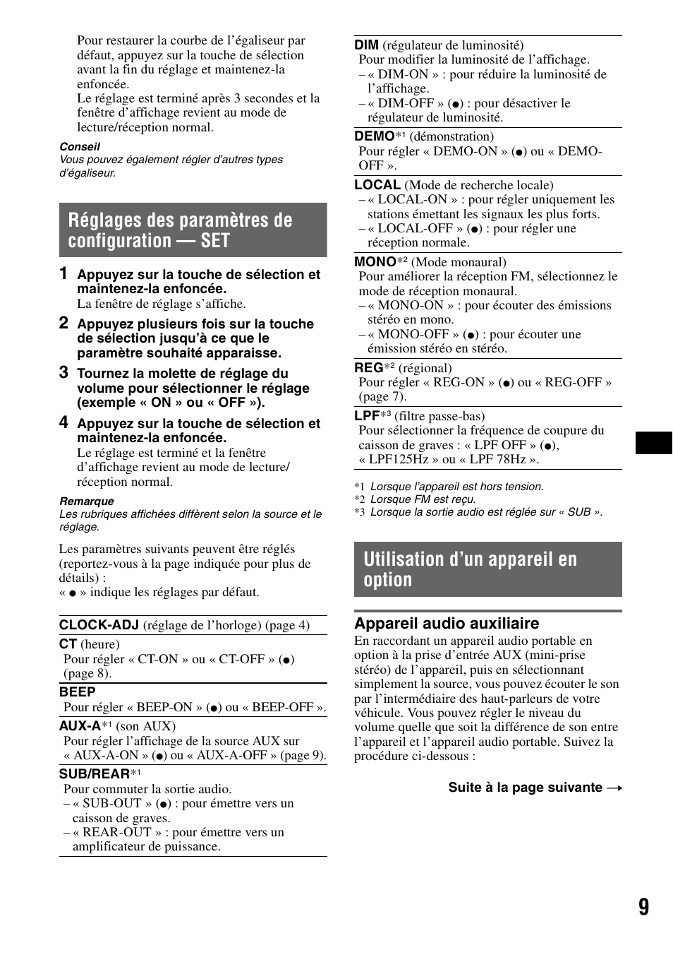 Réglages des paramètres de configuration - set, Utilisation d’un appareil en option, Appareil audio auxiliaire | Réglages des paramètres de configuration, Set utilisation d’un appareil en option, Réglages des paramètres de configuration — set | Sony CDX-GT100 User Manual | Page 35 / 72