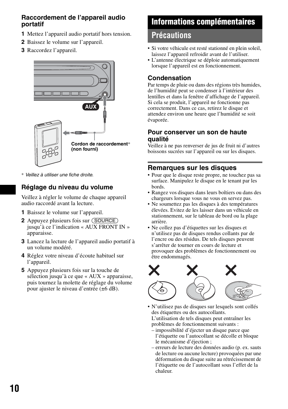 Informations complémentaires, Précautions, Remarques sur les disques | Informations complémentaires précautions | Sony CDX-GT100 User Manual | Page 36 / 72