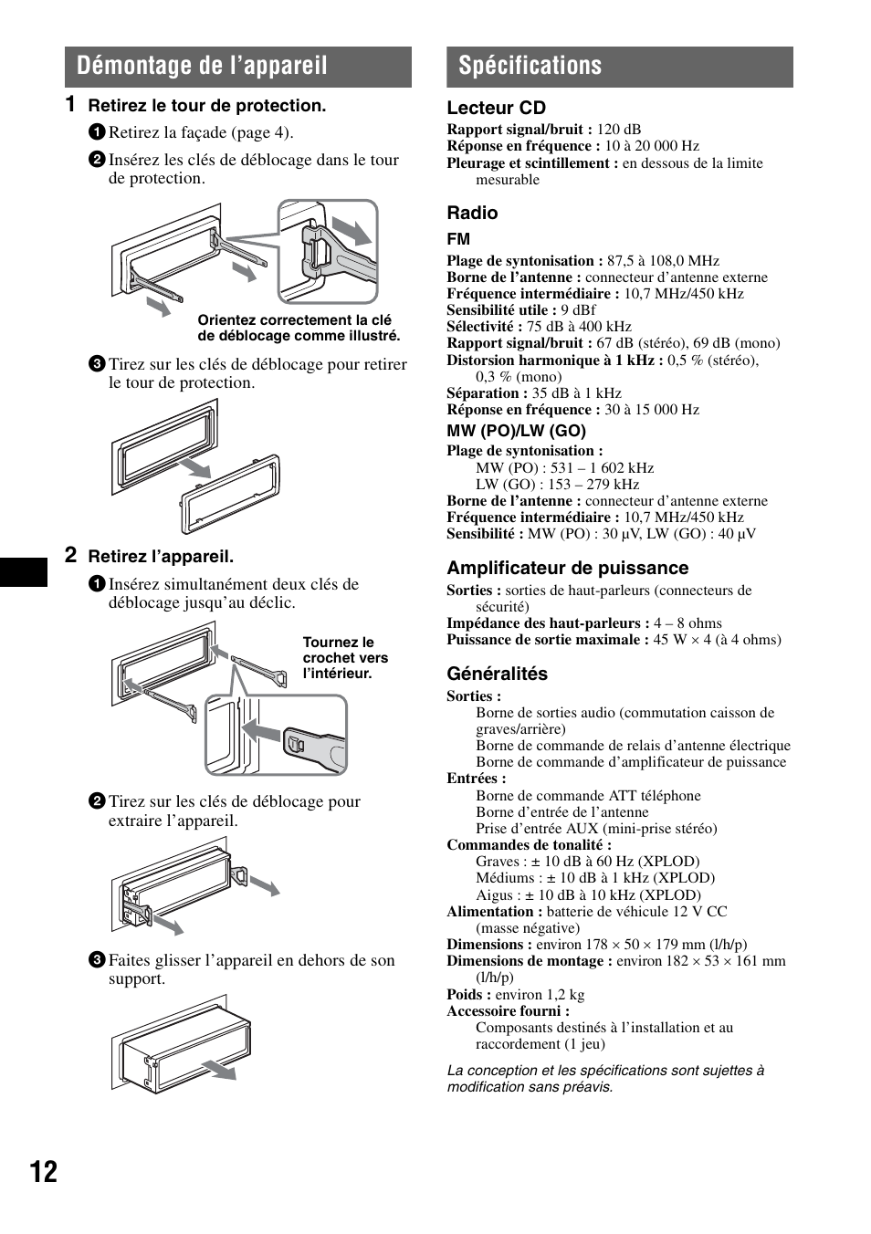 Démontage de l’appareil, Spécifications, Démontage de l’appareil spécifications | Sony CDX-GT100 User Manual | Page 38 / 72