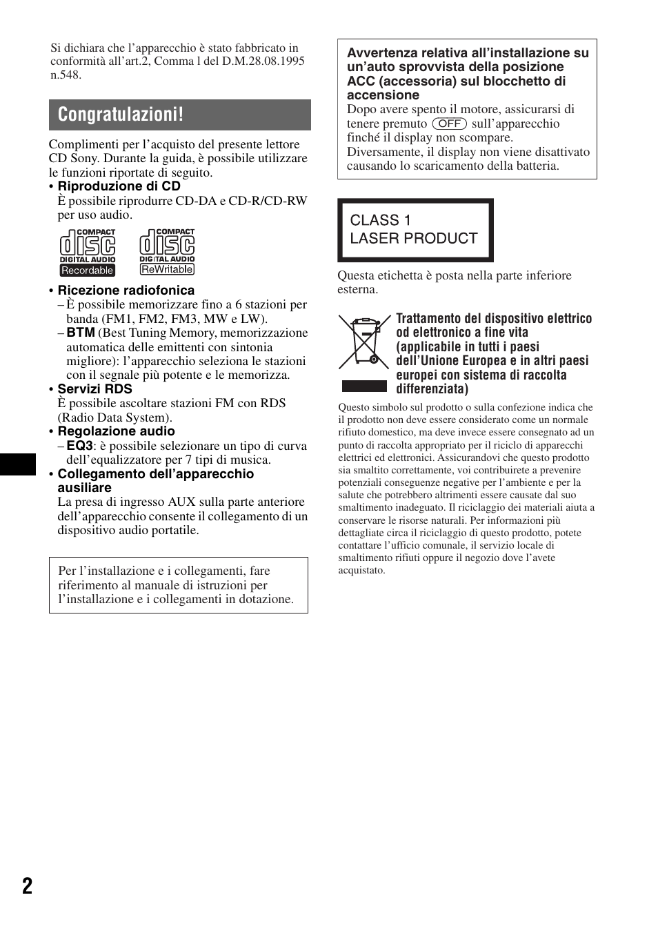 Congratulazioni | Sony CDX-GT100 User Manual | Page 42 / 72