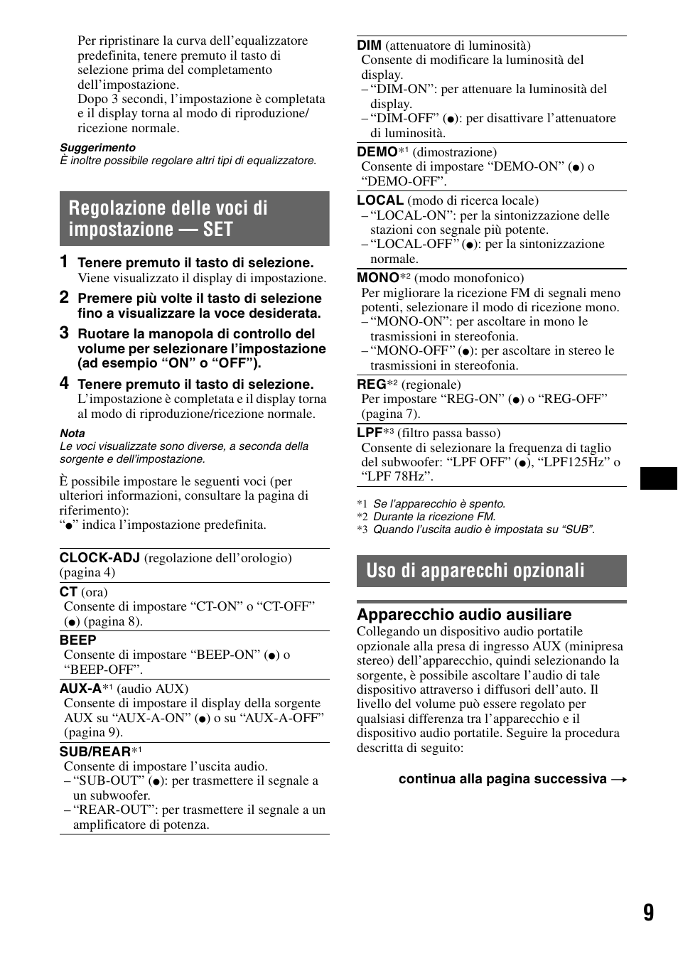 Regolazione delle voci di impostazione - set, Uso di apparecchi opzionali, Apparecchio audio ausiliare | Regolazione delle voci di impostazione, Set uso di apparecchi opzionali, Regolazione delle voci di impostazione — set | Sony CDX-GT100 User Manual | Page 49 / 72