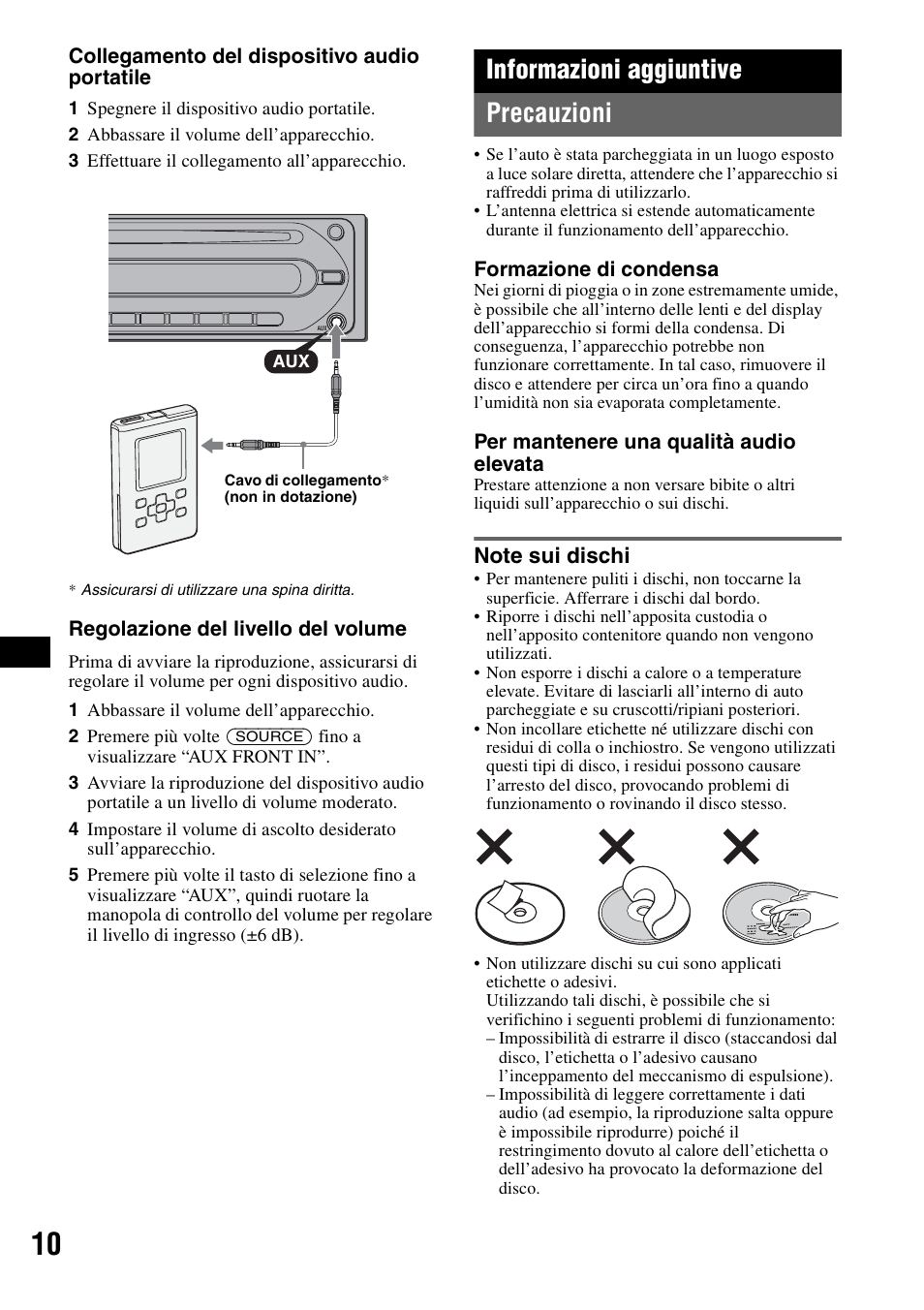 Informazioni aggiuntive, Precauzioni, Note sui dischi | Informazioni aggiuntive precauzioni | Sony CDX-GT100 User Manual | Page 50 / 72