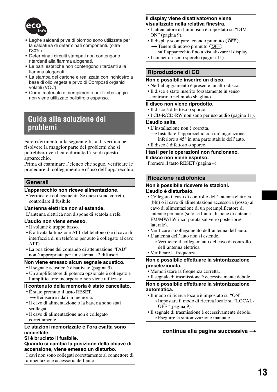 Guida alla soluzione dei problemi | Sony CDX-GT100 User Manual | Page 53 / 72