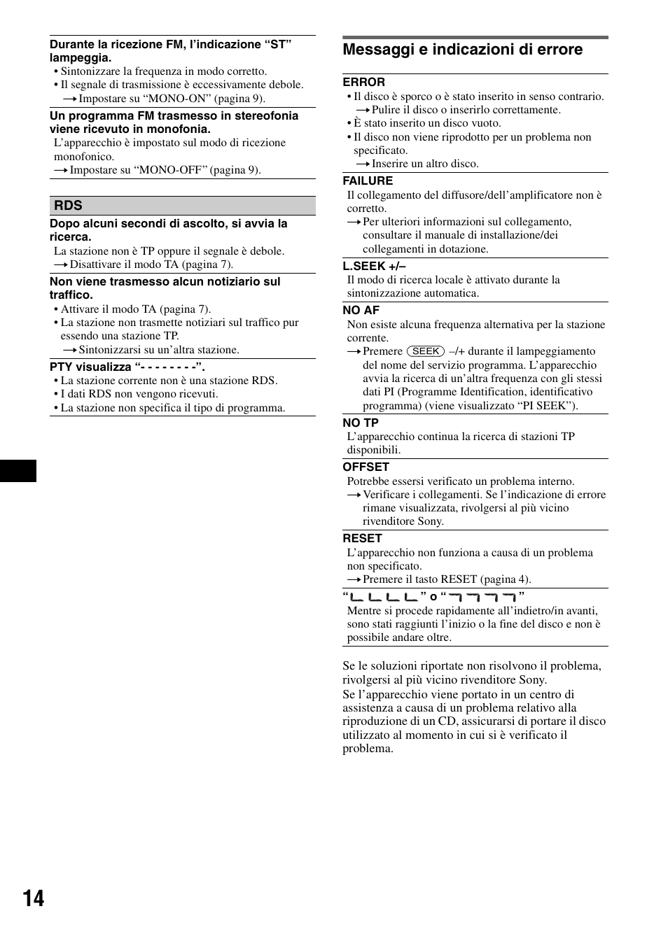 Messaggi e indicazioni di errore | Sony CDX-GT100 User Manual | Page 54 / 72