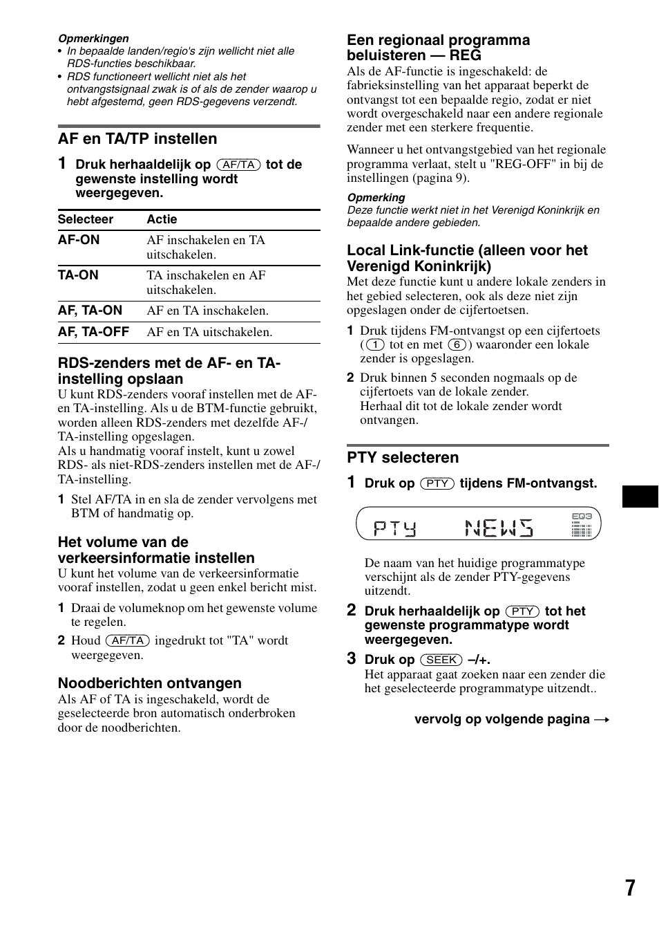Af en ta/tp instellen, Pty selecteren, Af en ta/tp instellen pty selecteren | Sony CDX-GT100 User Manual | Page 61 / 72