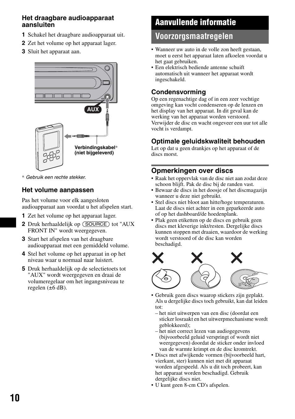 Aanvullende informatie, Voorzorgsmaatregelen, Opmerkingen over discs | Aanvullende informatie voorzorgsmaatregelen | Sony CDX-GT100 User Manual | Page 64 / 72