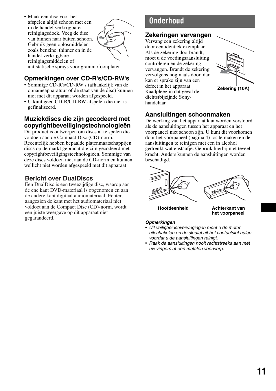 Onderhoud | Sony CDX-GT100 User Manual | Page 65 / 72