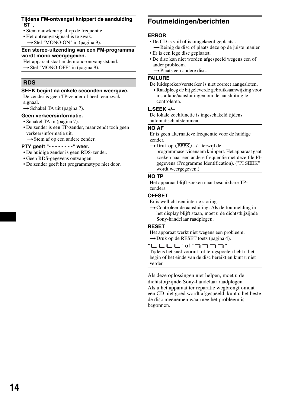 Foutmeldingen/berichten | Sony CDX-GT100 User Manual | Page 68 / 72