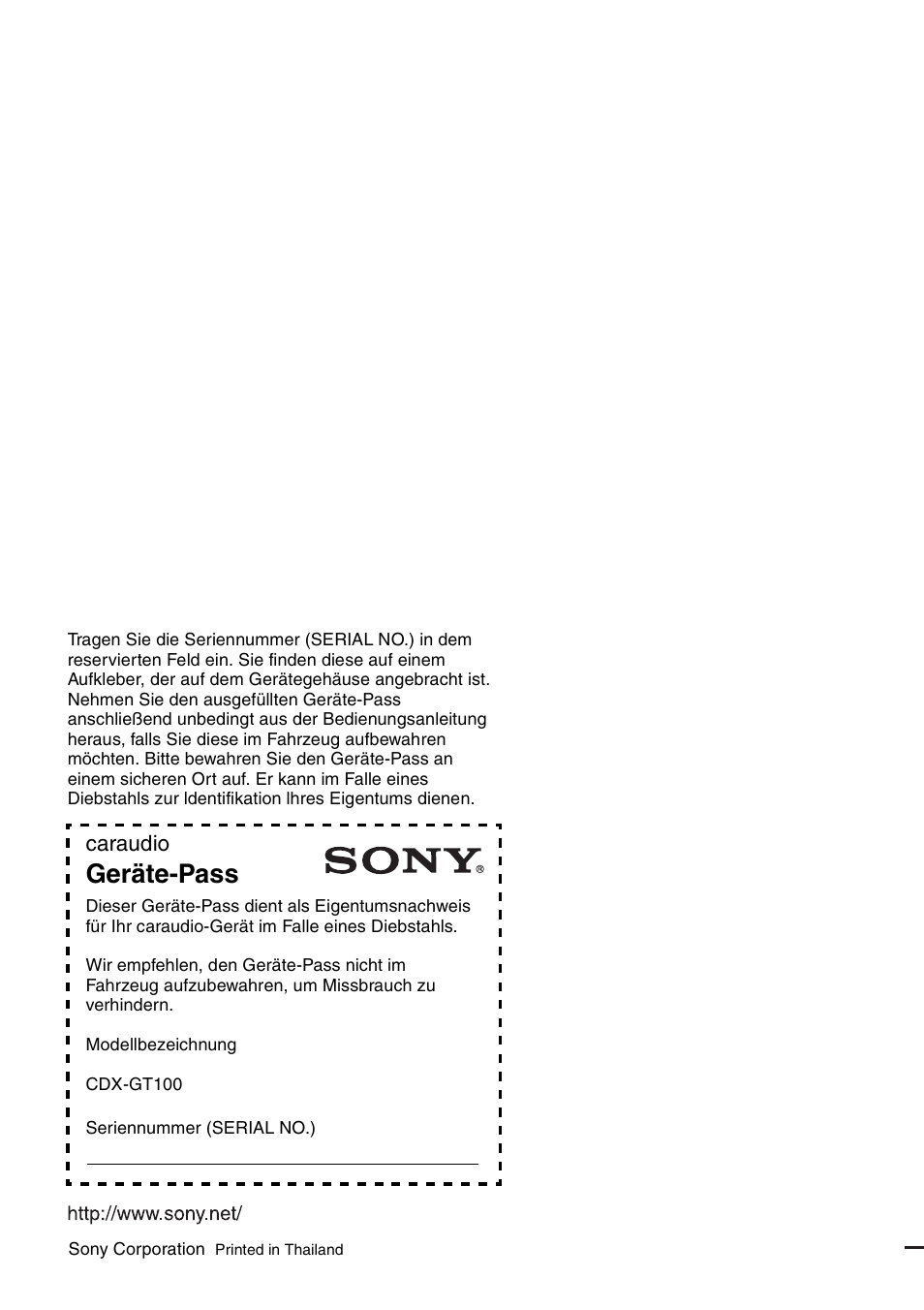 Geräte-pass, Caraudio | Sony CDX-GT100 User Manual | Page 72 / 72