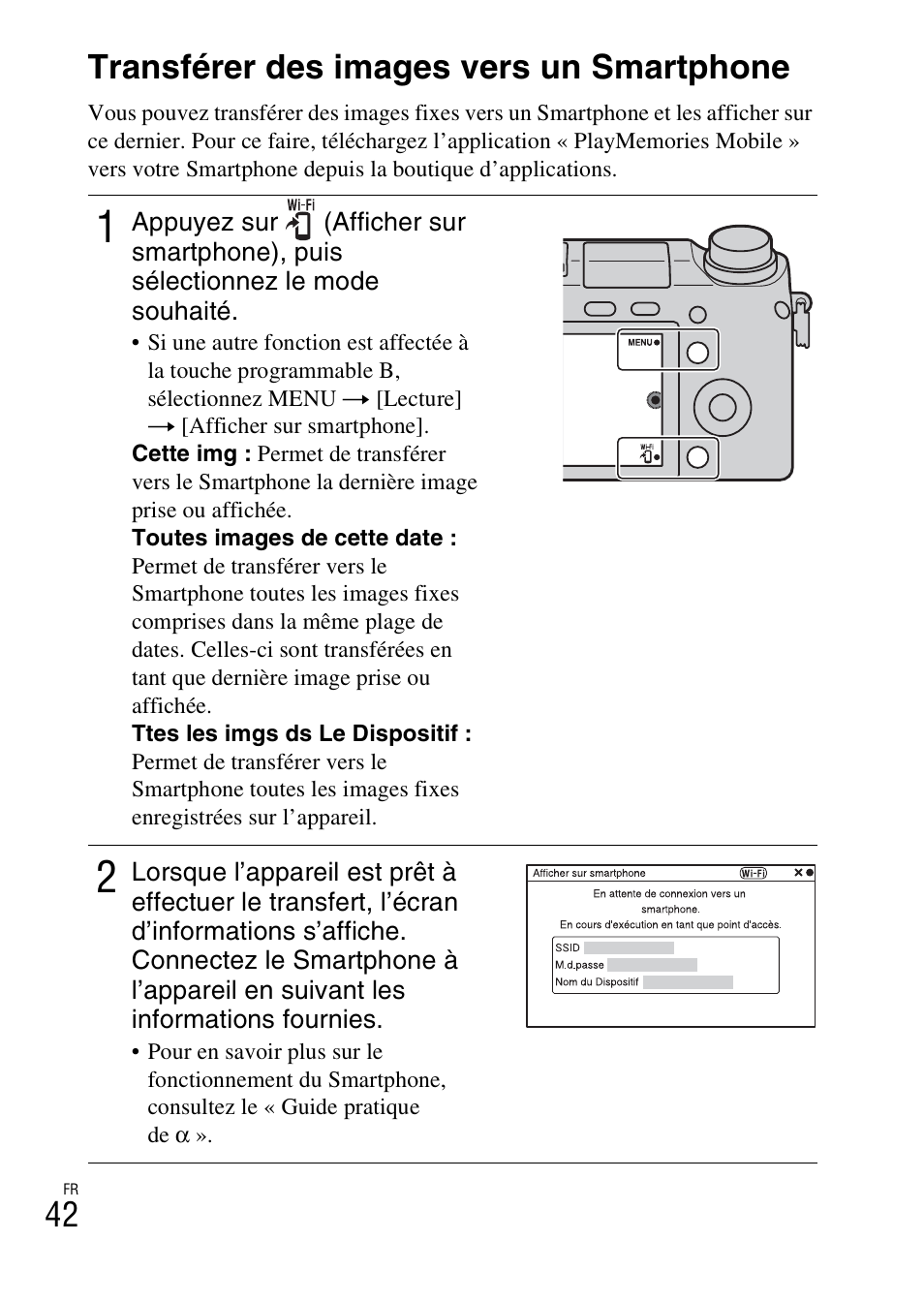 Connexion de l’appareil au réseau, Transférer des images vers un smartphone | Sony NEX-6L User Manual | Page 104 / 627
