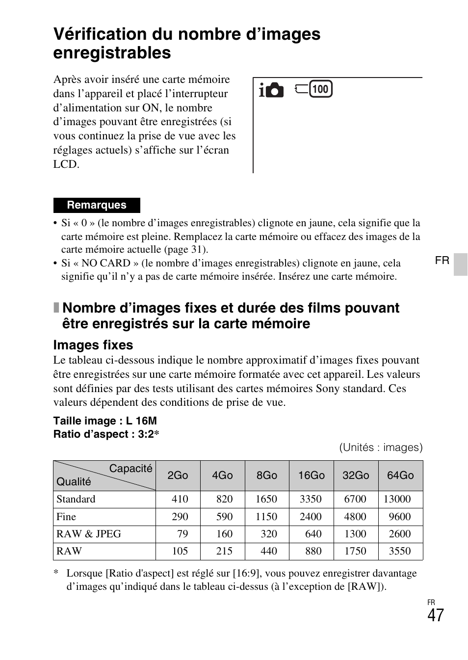 Divers, Vérification du nombre d’images enregistrables, Images fixes | Sony NEX-6L User Manual | Page 109 / 627