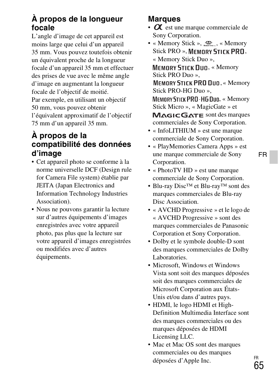 À propos de la longueur focale, À propos de la compatibilité des données d’image, Marques | Sony NEX-6L User Manual | Page 127 / 627