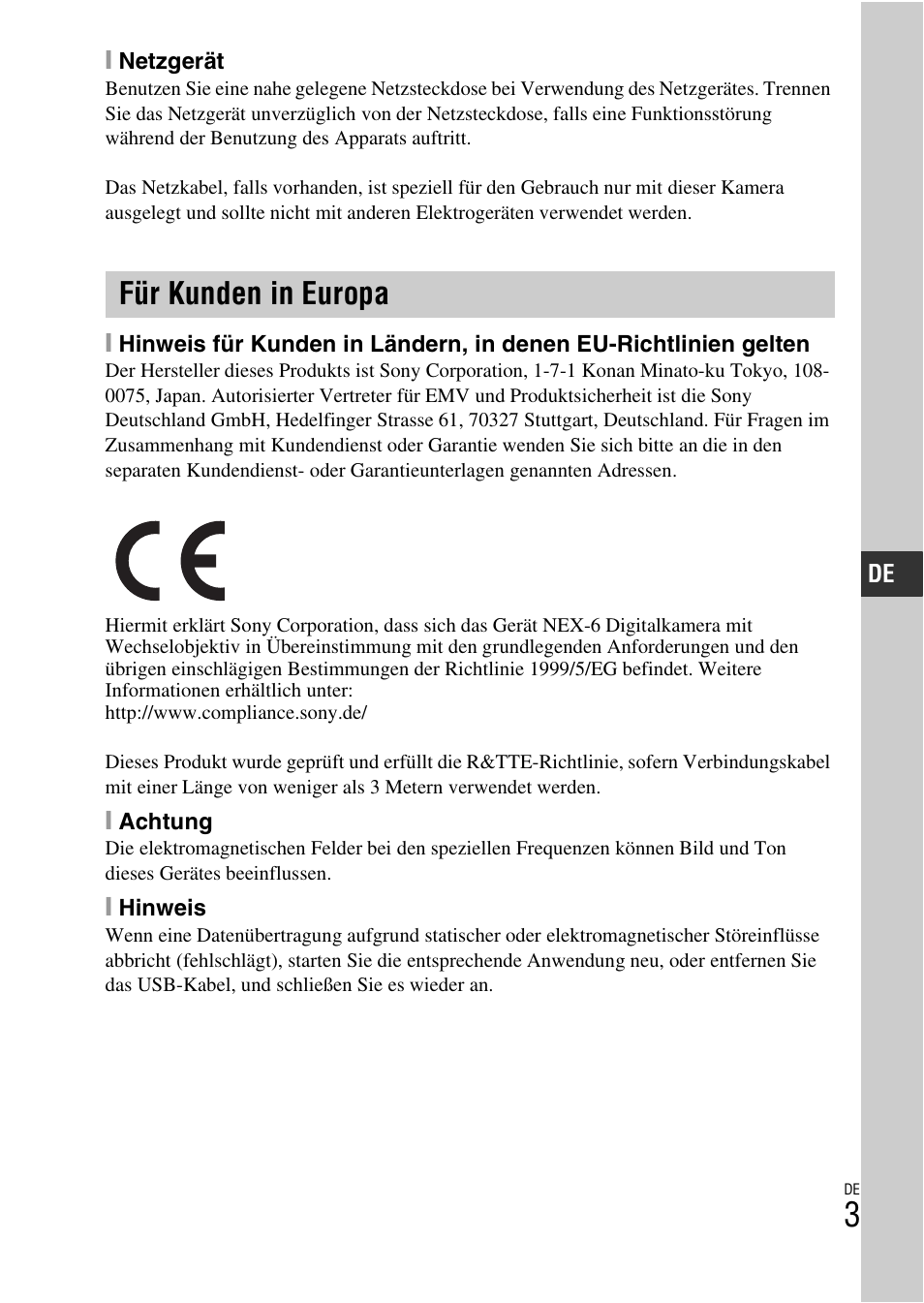 Für kunden in europa | Sony NEX-6L User Manual | Page 131 / 627