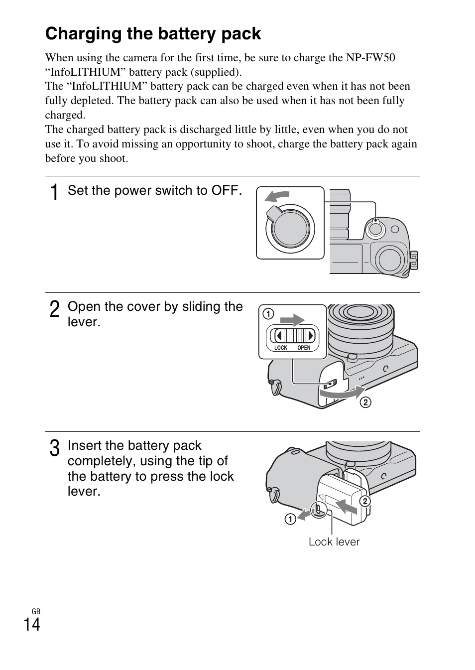Charging the battery pack | Sony NEX-6L User Manual | Page 14 / 627