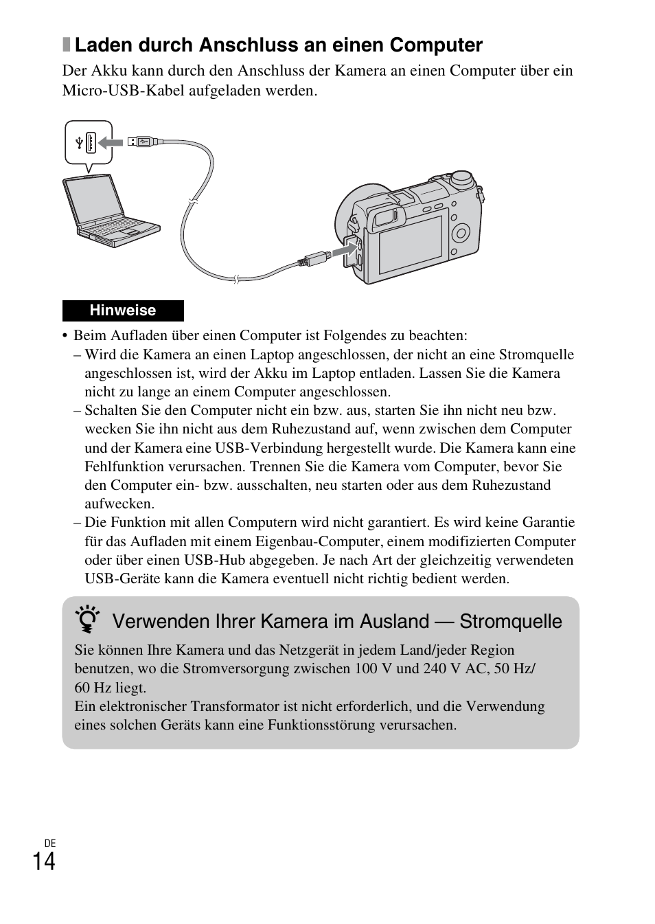 Xladen durch anschluss an einen computer, Verwenden ihrer kamera im ausland — stromquelle | Sony NEX-6L User Manual | Page 142 / 627