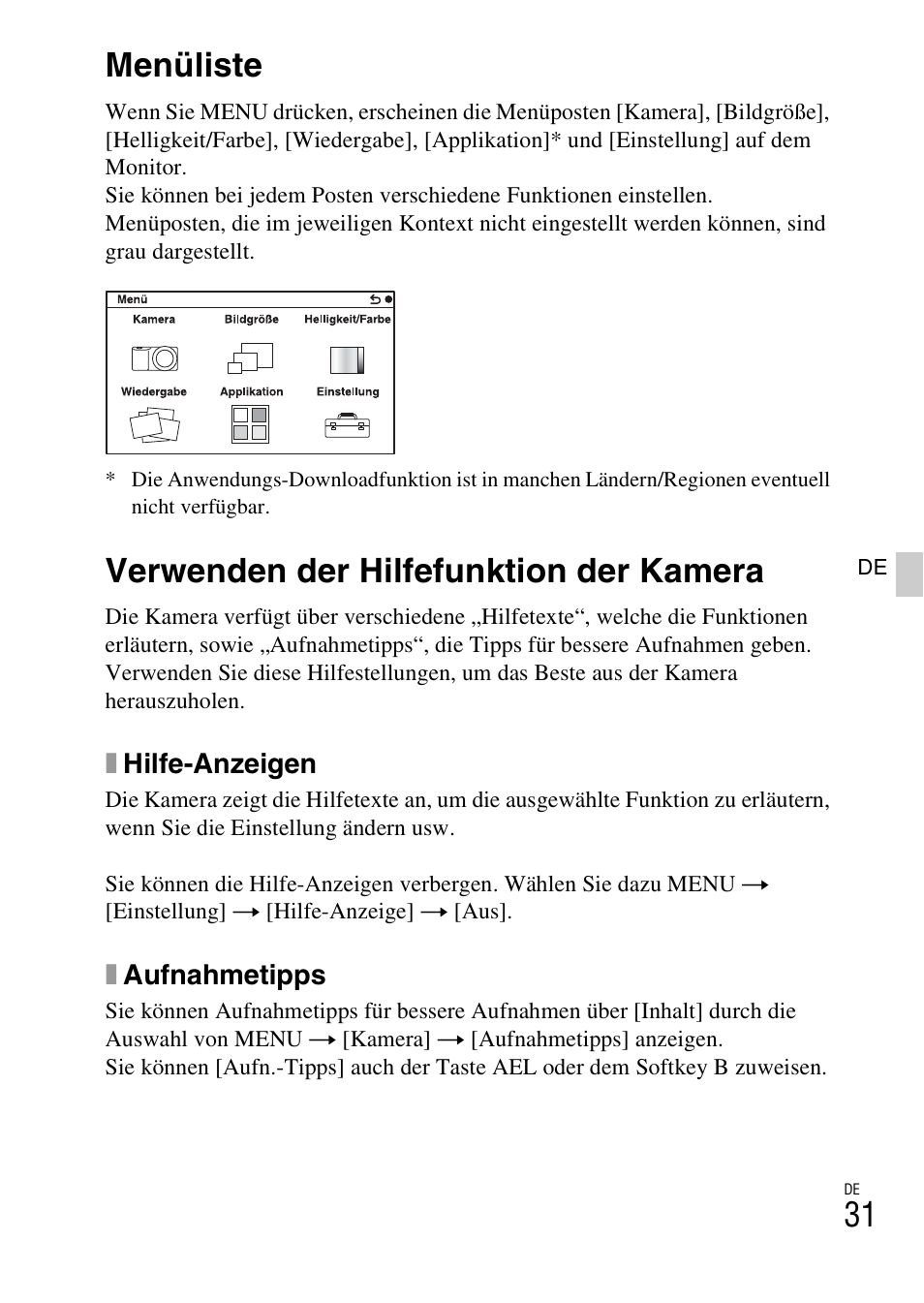 Menüliste, Verwenden der hilfefunktion der kamera | Sony NEX-6L User Manual | Page 159 / 627