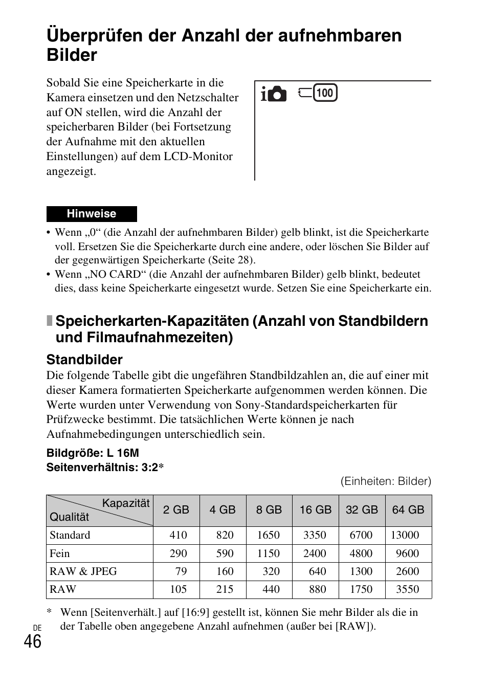 Sonstiges, Überprüfen der anzahl der aufnehmbaren bilder, Standbilder | Sony NEX-6L User Manual | Page 174 / 627