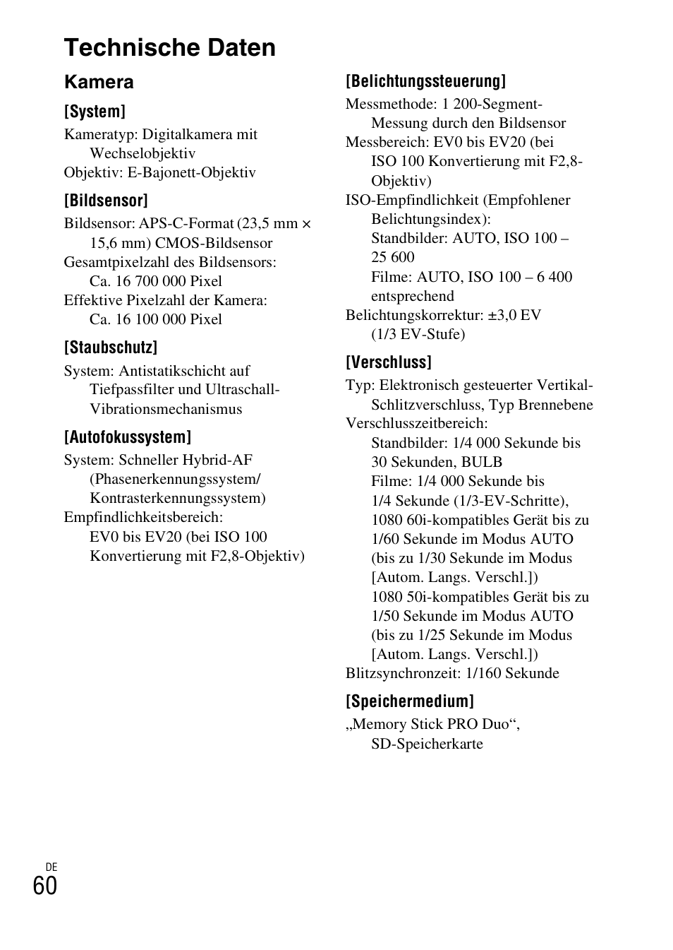 Technische daten, 60 technische daten, Kamera | Sony NEX-6L User Manual | Page 188 / 627