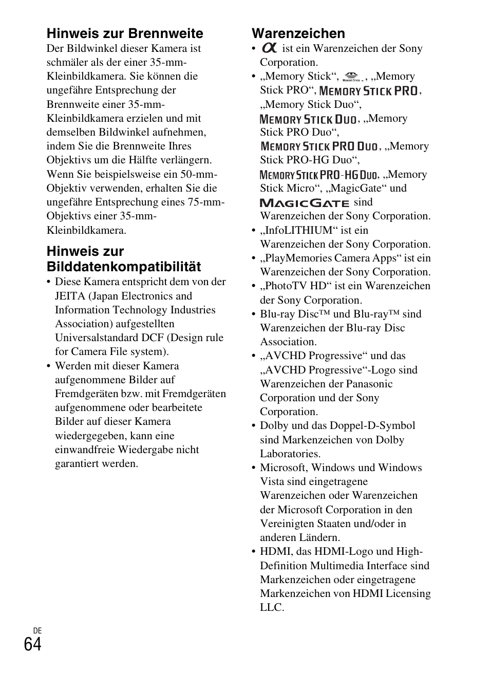 Hinweis zur brennweite, Hinweis zur bilddatenkompatibilität, Warenzeichen | Sony NEX-6L User Manual | Page 192 / 627