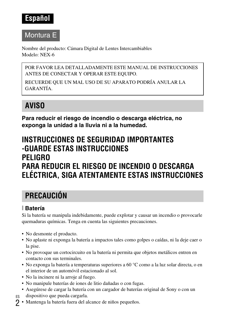 Español, Aviso precaución, Montura e | Sony NEX-6L User Manual | Page 194 / 627