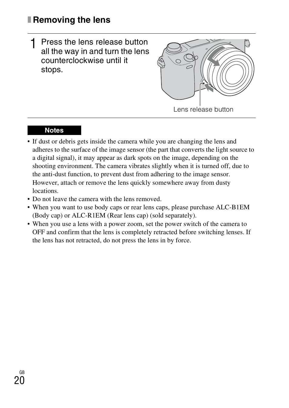 Ton (20), Xremoving the lens | Sony NEX-6L User Manual | Page 20 / 627