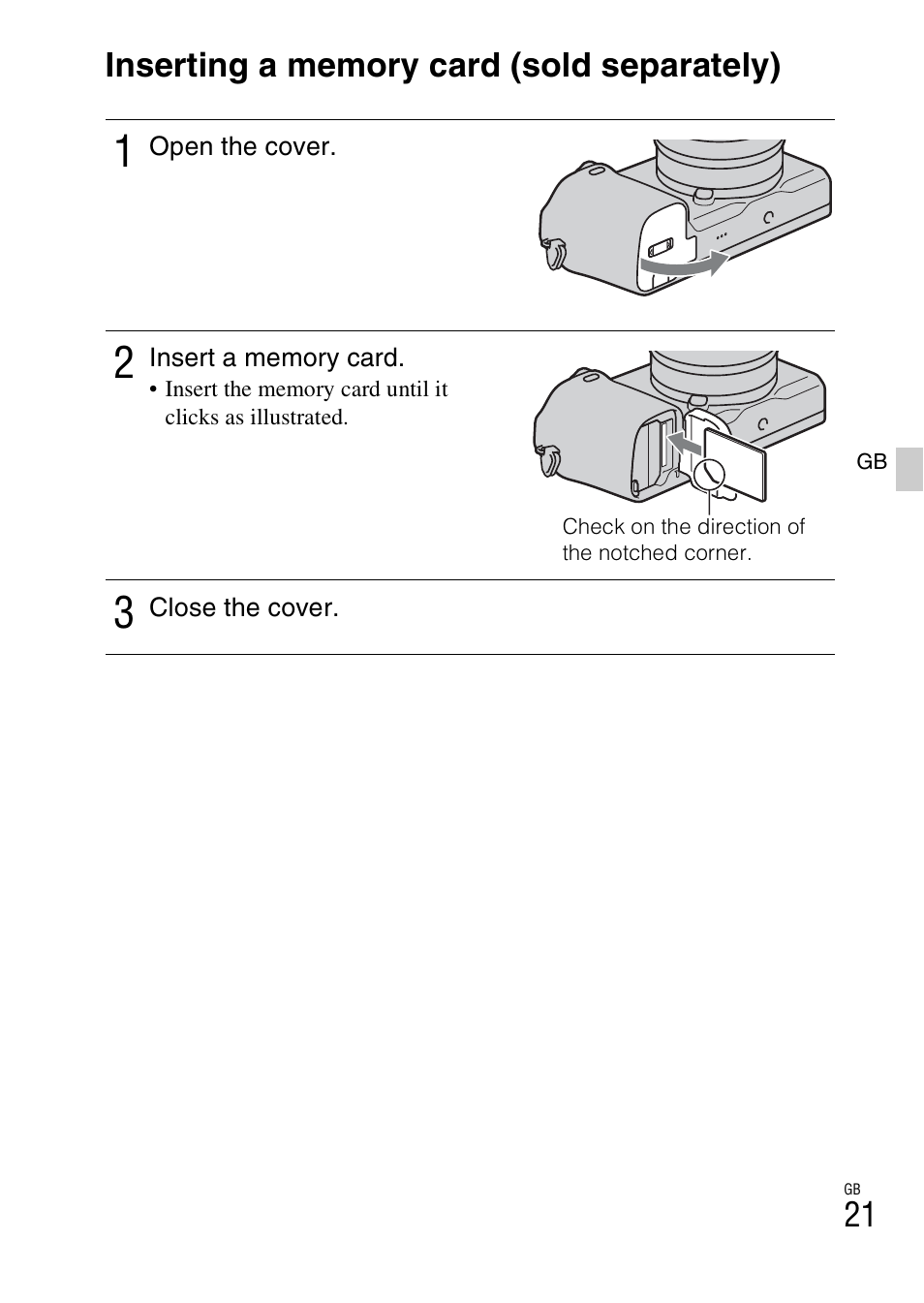 Inserting a memory card (sold separately) | Sony NEX-6L User Manual | Page 21 / 627