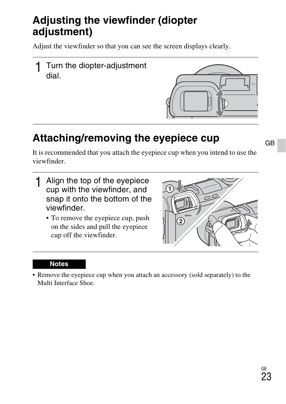 Adjusting the viewfinder (diopter adjustment), Attaching/removing the eyepiece cup | Sony NEX-6L User Manual | Page 23 / 627