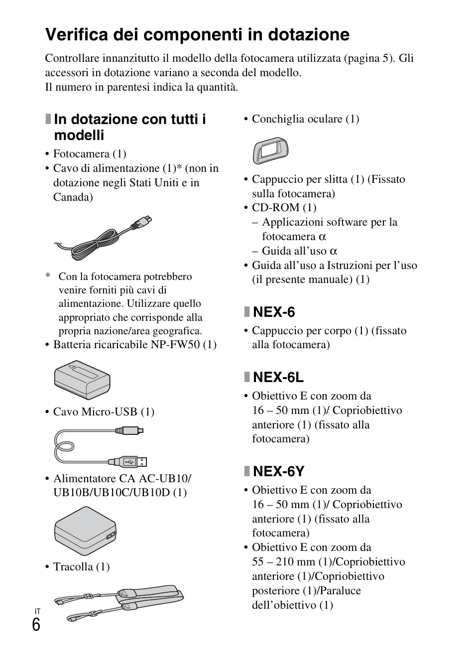 Preparazione della fotocamera, Verifica dei componenti in dotazione, Xin dotazione con tutti i modelli | Xnex-6, Xnex-6l, Xnex-6y | Sony NEX-6L User Manual | Page 258 / 627