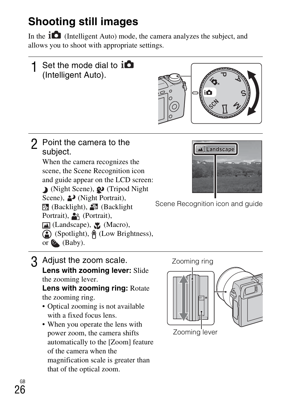 Mastering the basic operation, Shooting still images | Sony NEX-6L User Manual | Page 26 / 627