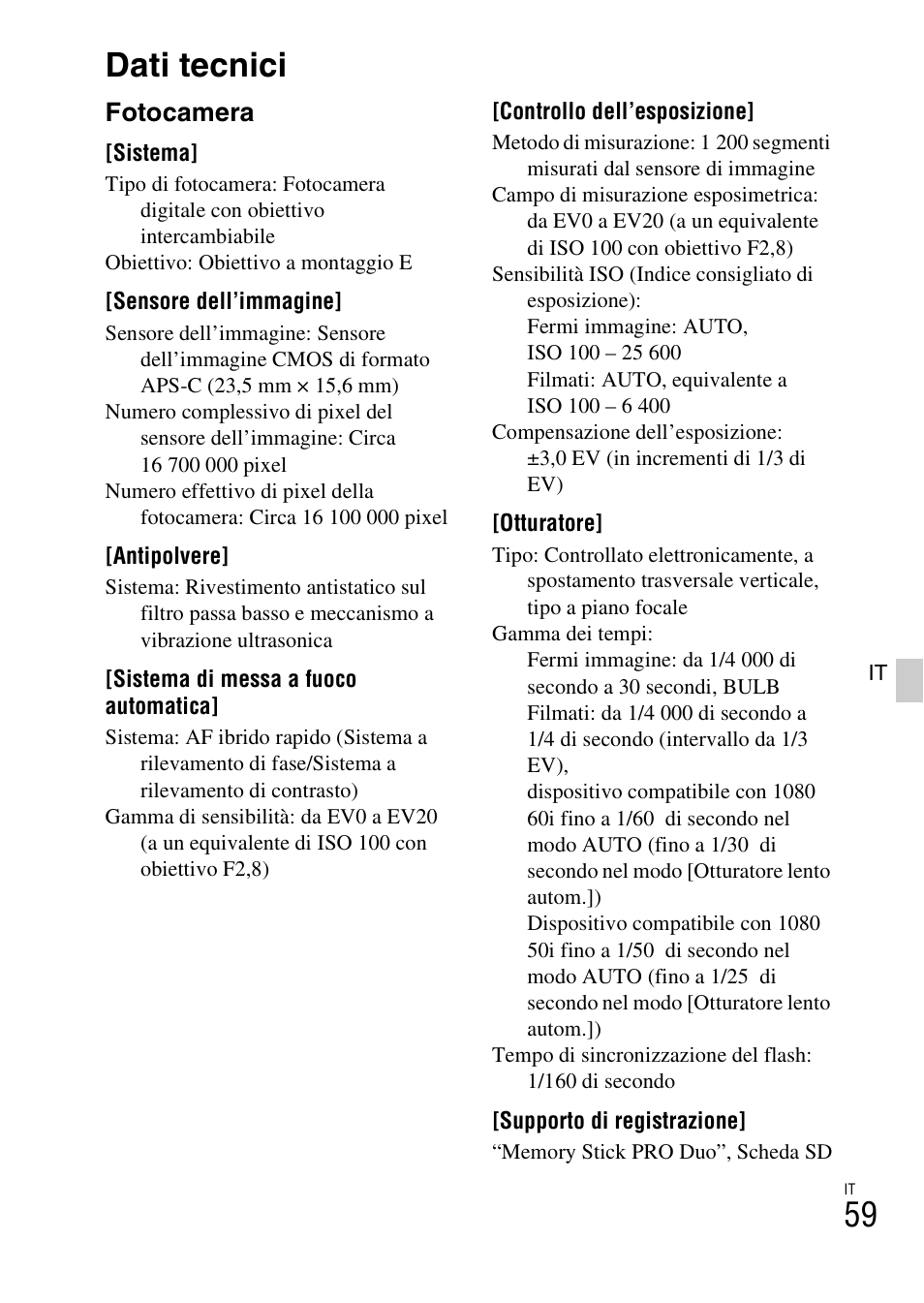 Dati tecnici, Fotocamera | Sony NEX-6L User Manual | Page 311 / 627