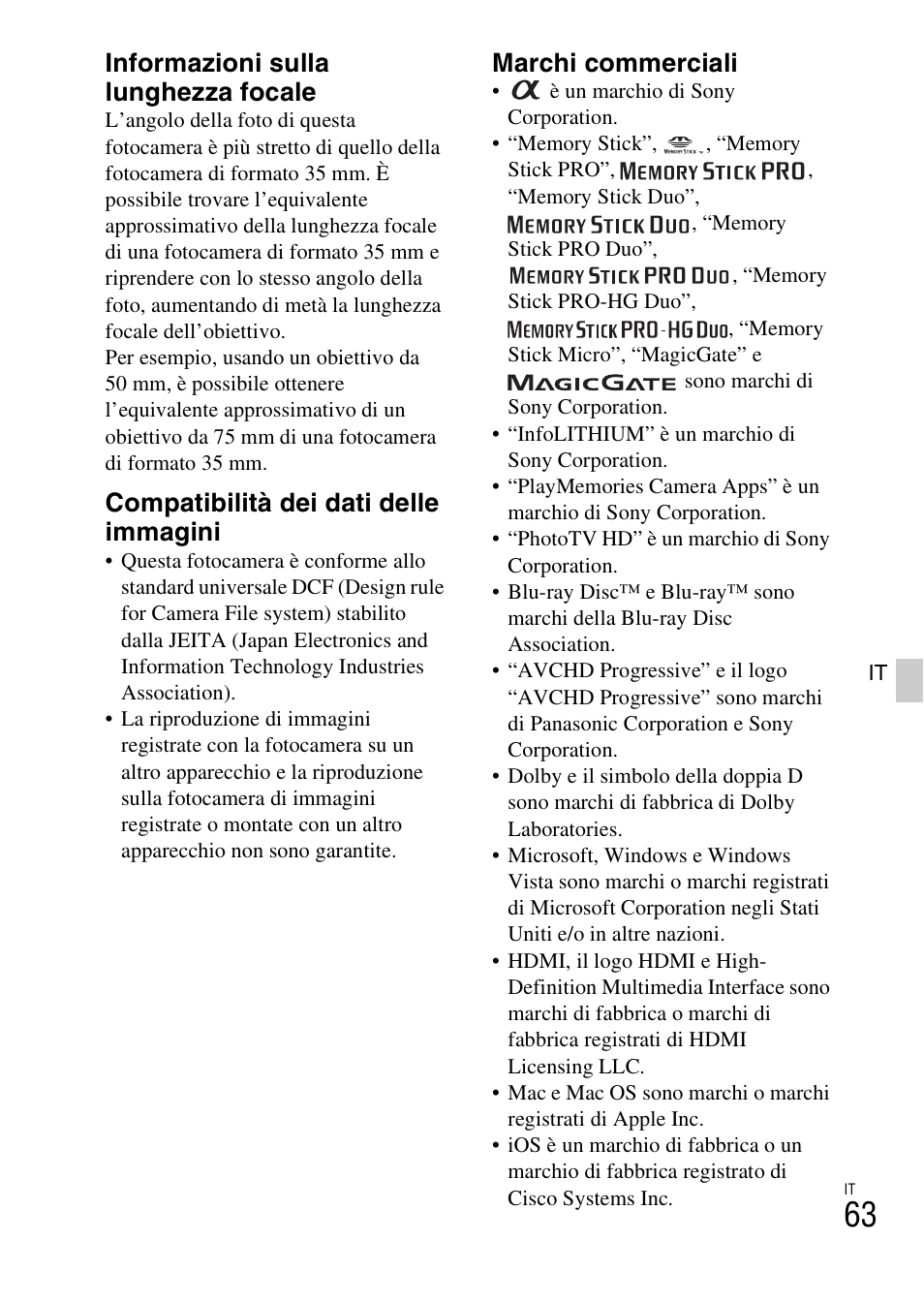 Informazioni sulla lunghezza focale, Compatibilità dei dati delle immagini, Marchi commerciali | Sony NEX-6L User Manual | Page 315 / 627
