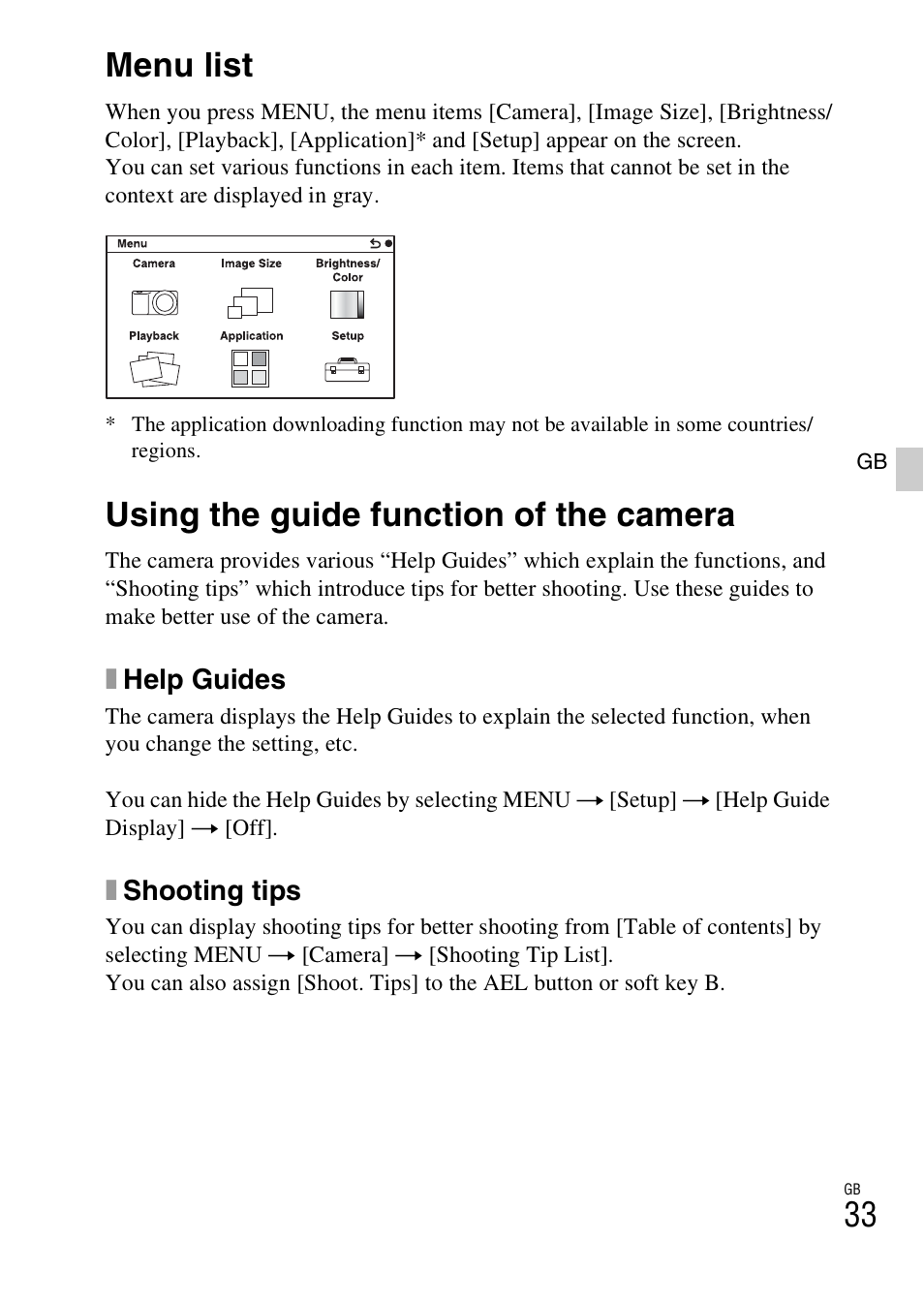 Menu list, Using the guide function of the camera | Sony NEX-6L User Manual | Page 33 / 627