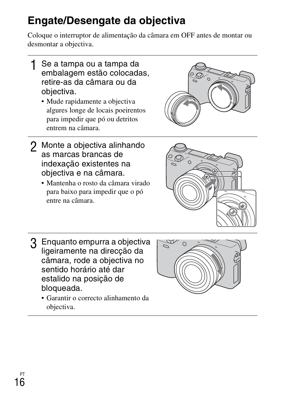 Engate/desengate da objectiva, A (16, 16 engate/desengate da objectiva | Sony NEX-6L User Manual | Page 332 / 627