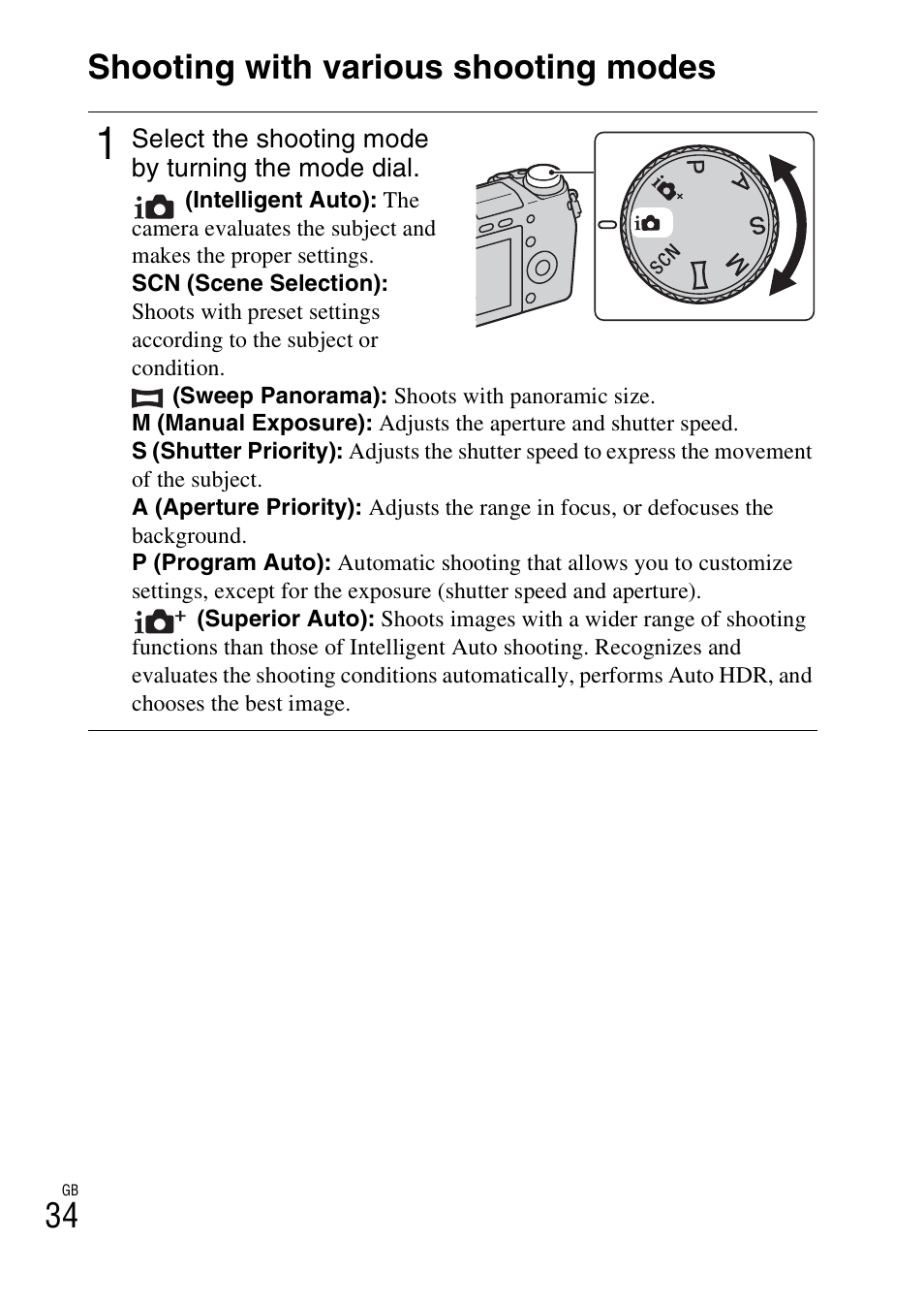 Using the recording functions, Shooting with various shooting modes | Sony NEX-6L User Manual | Page 34 / 627