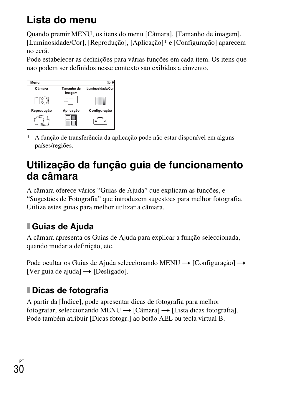 Lista do menu, 30 lista do menu | Sony NEX-6L User Manual | Page 346 / 627