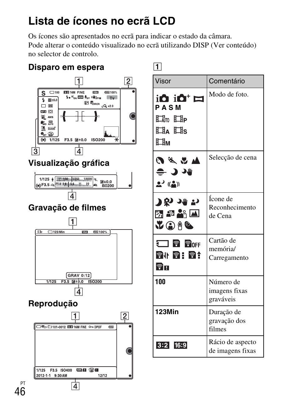 Lista de ícones no ecrã lcd, 46 lista de ícones no ecrã lcd | Sony NEX-6L User Manual | Page 362 / 627