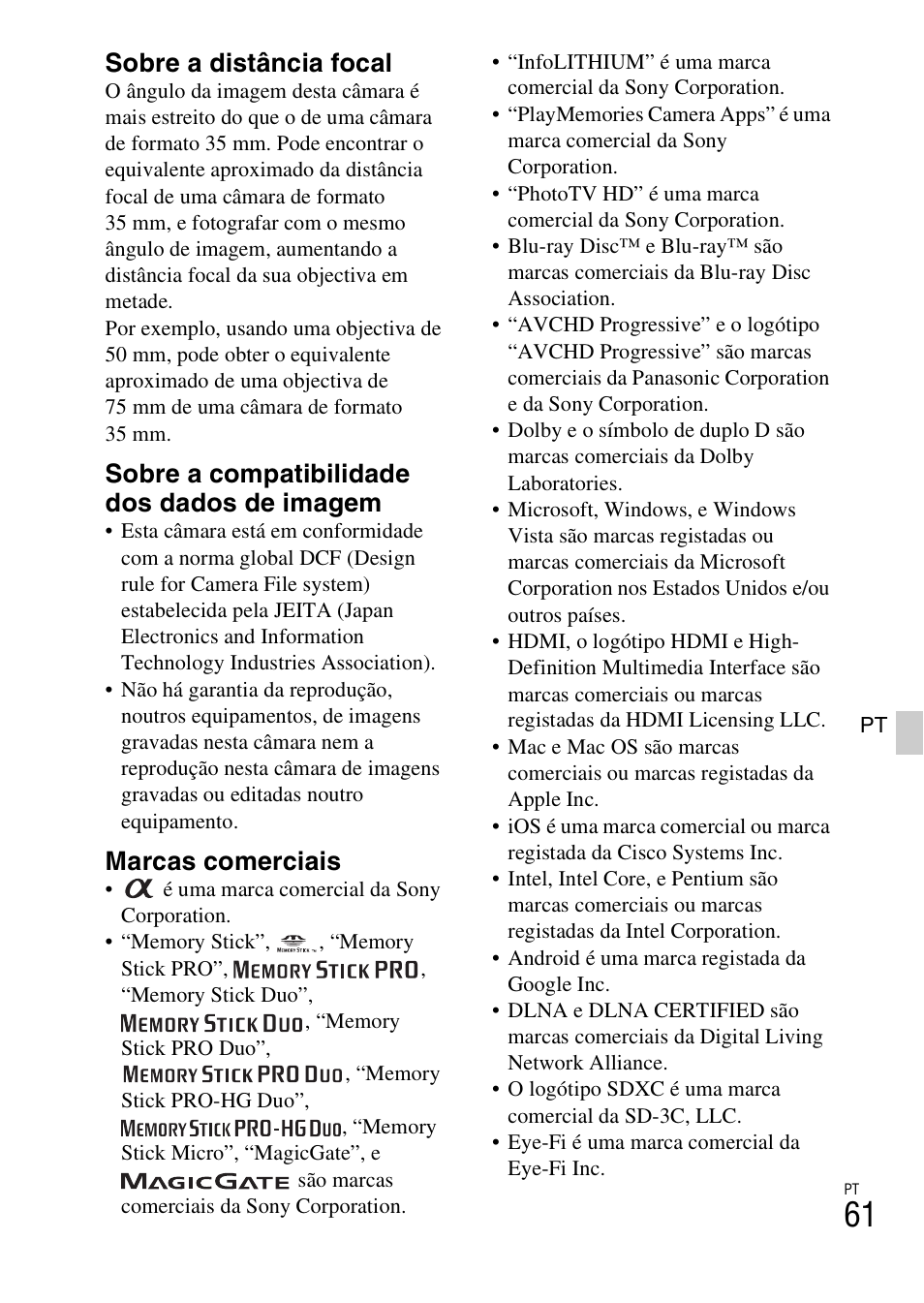 Sobre a distância focal, Sobre a compatibilidade dos dados de imagem, Marcas comerciais | Sony NEX-6L User Manual | Page 377 / 627