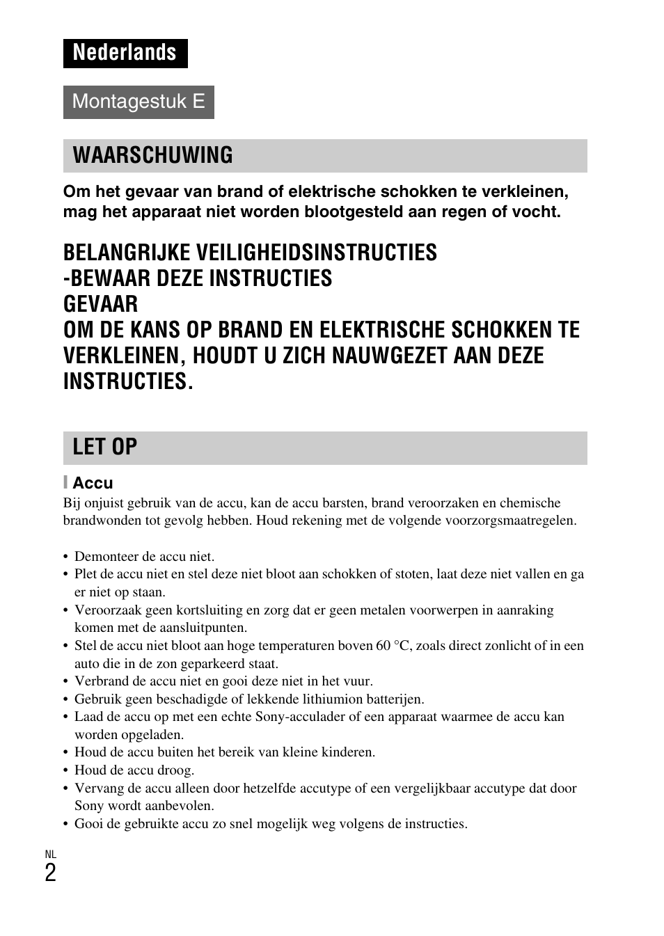 Nederlands, Waarschuwing let op, Montagestuk e | Sony NEX-6L User Manual | Page 380 / 627