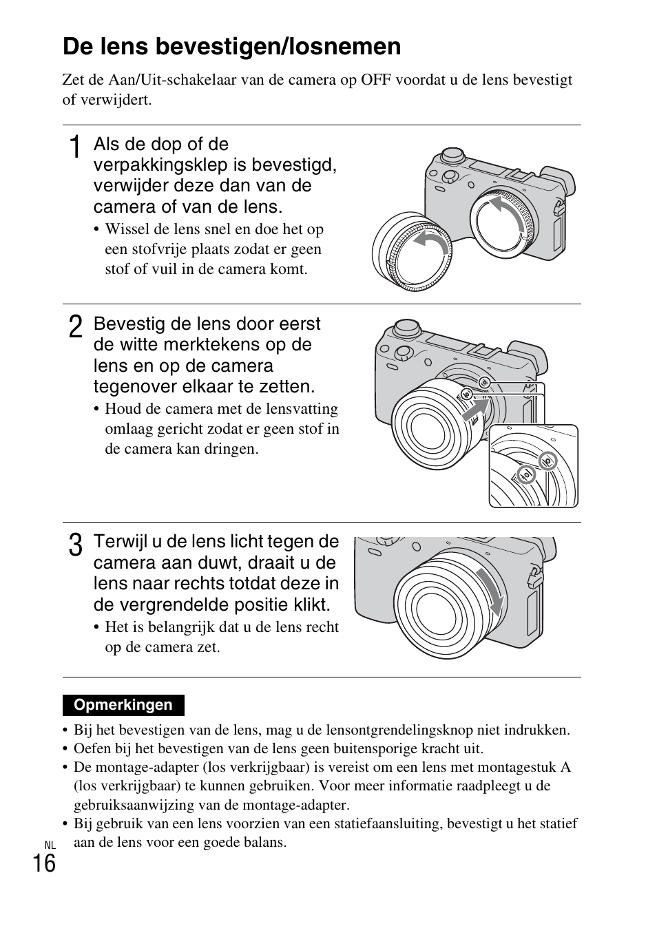 De lens bevestigen/losnemen, 16 de lens bevestigen/losnemen | Sony NEX-6L User Manual | Page 394 / 627