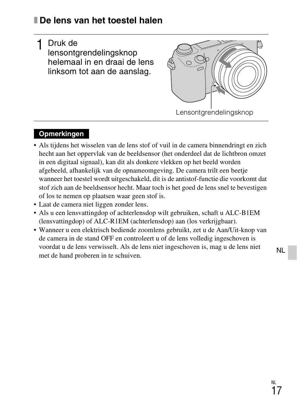 Xde lens van het toestel halen | Sony NEX-6L User Manual | Page 395 / 627