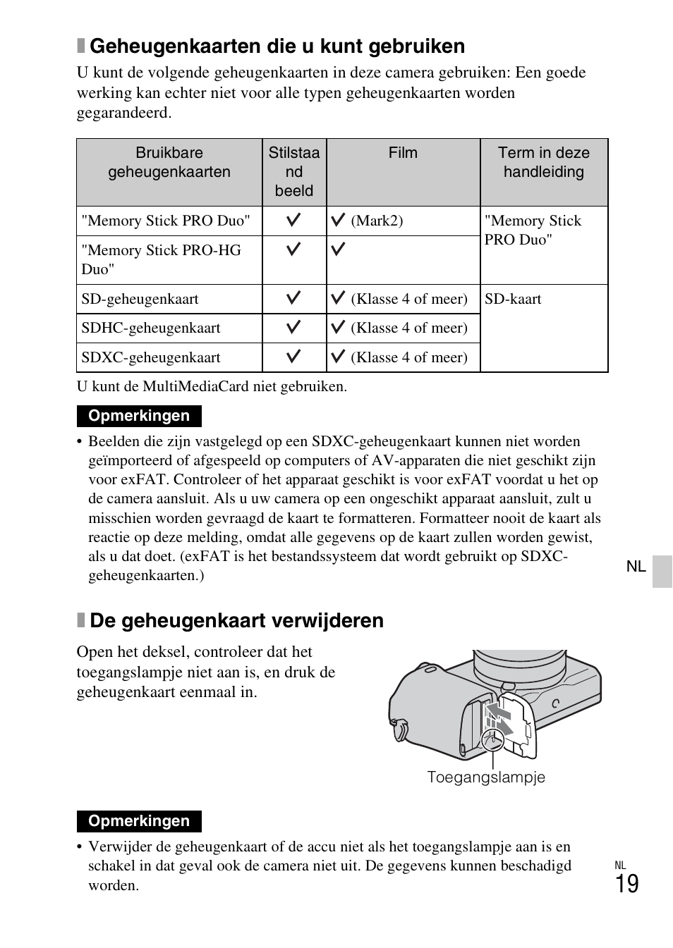 Xgeheugenkaarten die u kunt gebruiken, Xde geheugenkaart verwijderen | Sony NEX-6L User Manual | Page 397 / 627