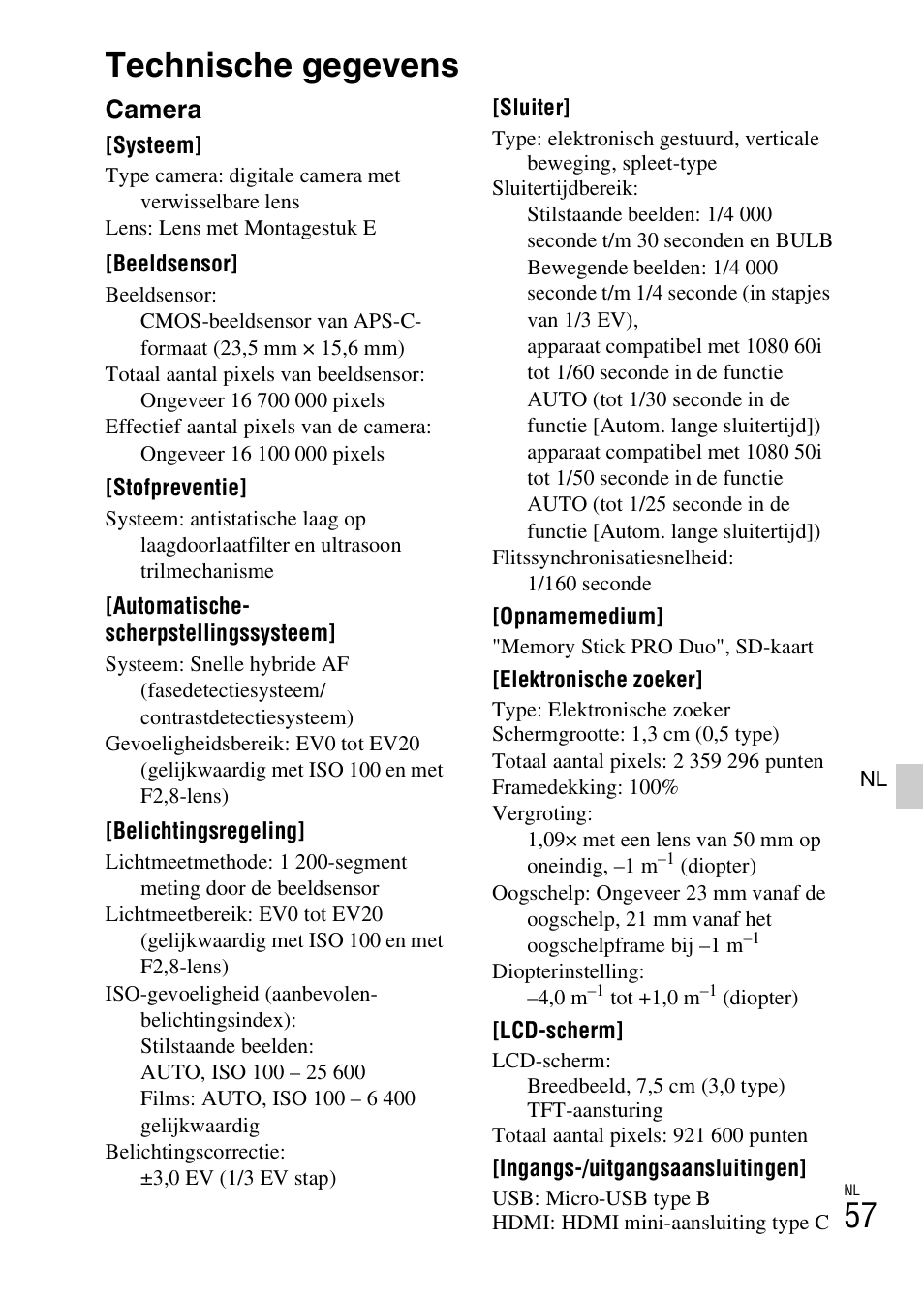 Technische gegevens, Camera | Sony NEX-6L User Manual | Page 435 / 627