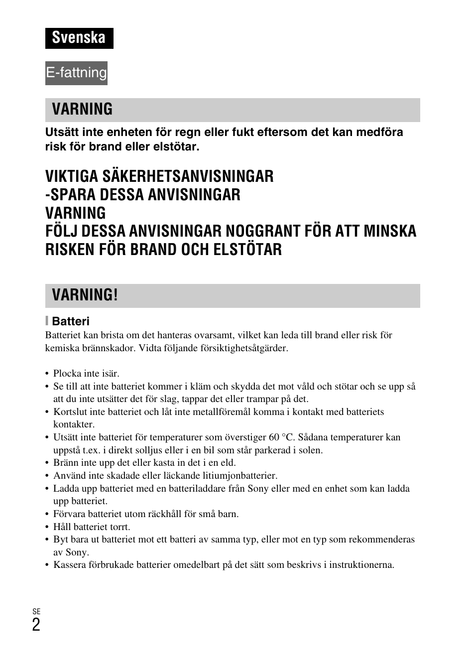 Svenska, Varning varning, E-fattning | Sony NEX-6L User Manual | Page 502 / 627