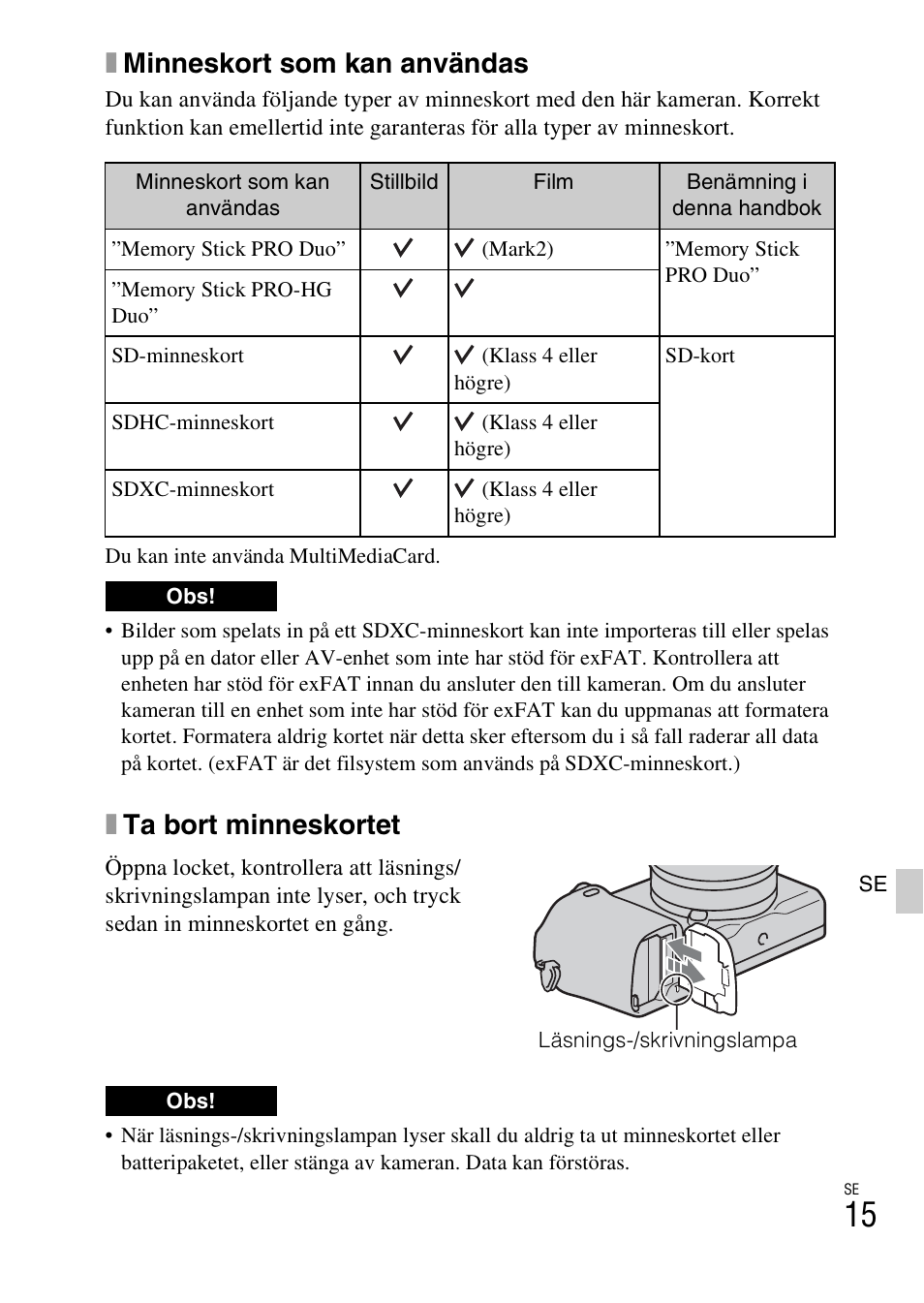 Xminneskort som kan användas, Xta bort minneskortet | Sony NEX-6L User Manual | Page 515 / 627