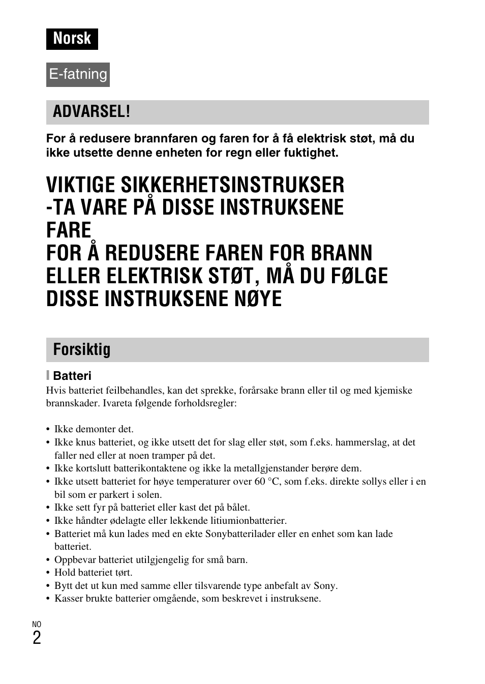 Norsk, Advarsel! forsiktig, E-fatning | Sony NEX-6L User Manual | Page 562 / 627