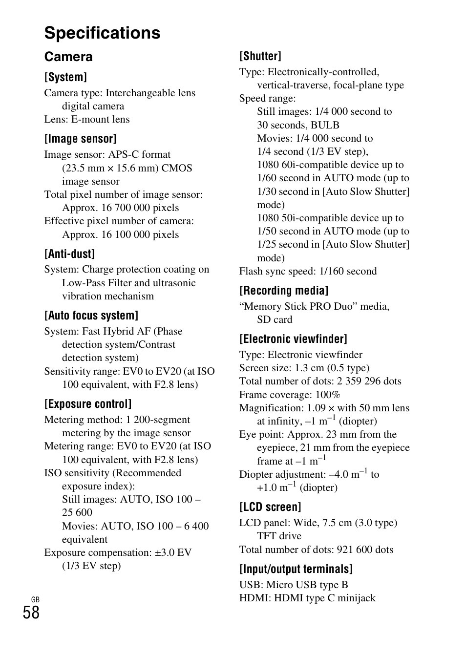 Specifications, 58 specifications, Camera | Sony NEX-6L User Manual | Page 58 / 627
