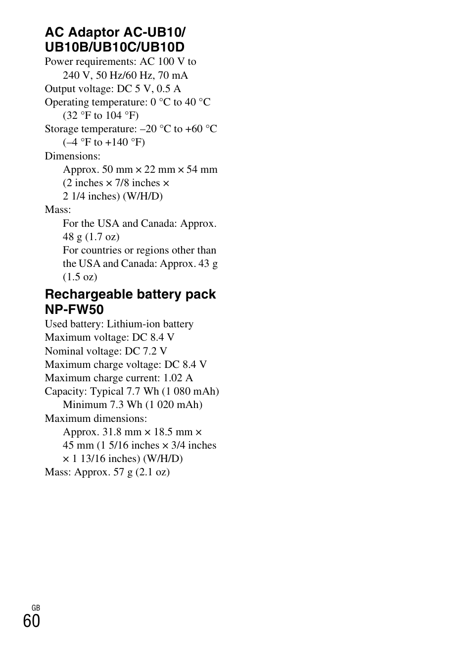 Rechargeable battery pack np-fw50 | Sony NEX-6L User Manual | Page 60 / 627