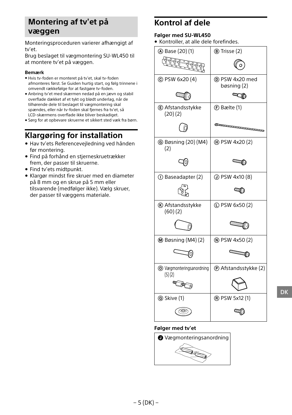 Montering af tv'et på væggen, Klargøring for installation, Kontrol af dele | Sony KDL-55W805B User Manual | Page 104 / 321